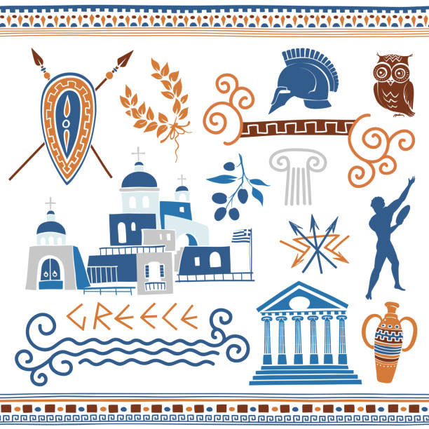 Ancient Greek Culture Drawings Set of ancient Greek symbols, illustrations and ornaments. classical greek illustrations stock illustrations