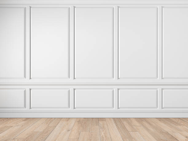 istock Modern classic white empty interior with wall panels, molding and wooden floor. 3d render illustration mock up. 1206189776