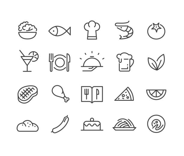 ilustraciones, imágenes clip art, dibujos animados e iconos de stock de iconos de restaurantes y comidas - classic line series - salad food beer restaurant