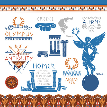 Greek culture vector illustrations. National symbols, ornaments and tag decorations.
