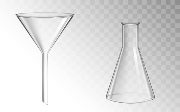 Glass funnel and flask, glassware for chemical lab Glass funnel and flask, glassware for chemical laboratory isolated on transparent background, filtration and test medical science lab, chemistry equipment. Realistic 3d vector illustration, clip art flask funnel stock illustrations