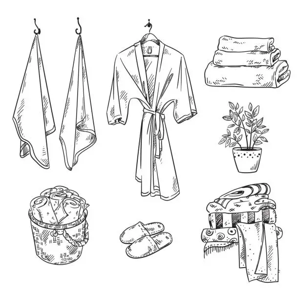 Vector illustration of Set of bathroom textile objects: towels, robe, slippers