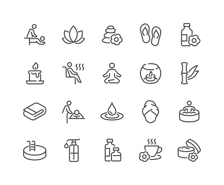 Simple Set of SPA Related Vector Line Icons. 
Contains such Icons as Massage, Candle, Sauna and more.
Editable Stroke. 48x48 Pixel Perfect.