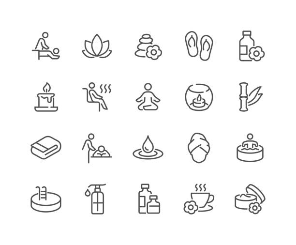 Line SPA Icons Simple Set of SPA Related Vector Line Icons. 
Contains such Icons as Massage, Candle, Sauna and more.
Editable Stroke. 48x48 Pixel Perfect. aromatherapy stock illustrations
