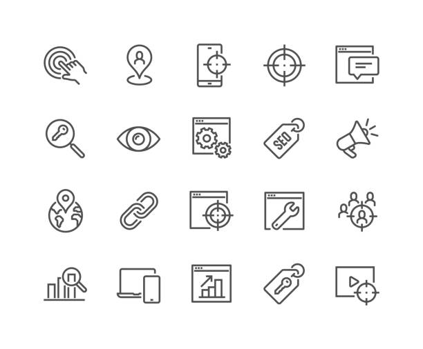 illustrations, cliparts, dessins animés et icônes de icônes seo line - key marketing interface icons symbol