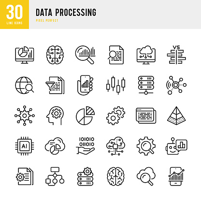 Data Processing - thin line vector icon set. Pixel Perfect. 30 linear icon. Set contains such icons as Data, Infographic, Big Data, Cloud Computing, Machine Learning, Security System, Charts, Internet of Things, Brainstorming, Brain, Robot, Artificial Intelligence.