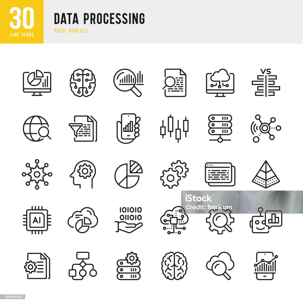 Data Processing - thin line vector icon set. Pixel Perfect. Set contains such icons as Data, Infographic, Big Data, Cloud Computing, Artificial Intelligence, Brain, Machine Learning, Security System. Data Processing - thin line vector icon set. Pixel Perfect. 30 linear icon. Set contains such icons as Data, Infographic, Big Data, Cloud Computing, Machine Learning, Security System, Charts, Internet of Things, Brainstorming, Brain, Robot, Artificial Intelligence. Icon stock vector