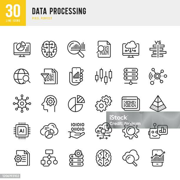 Data Processing Thin Line Vector Icon Set Pixel Perfect Set Contains Such Icons As Data Infographic Big Data Cloud Computing Artificial Intelligence Brain Machine Learning Security System Stock Illustration - Download Image Now