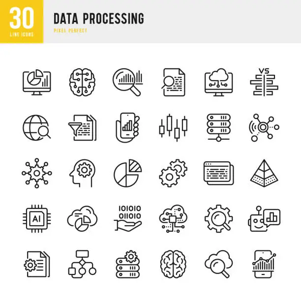 Vector illustration of Data Processing - thin line vector icon set. Pixel Perfect. Set contains such icons as Data, Infographic, Big Data, Cloud Computing, Artificial Intelligence, Brain, Machine Learning, Security System.