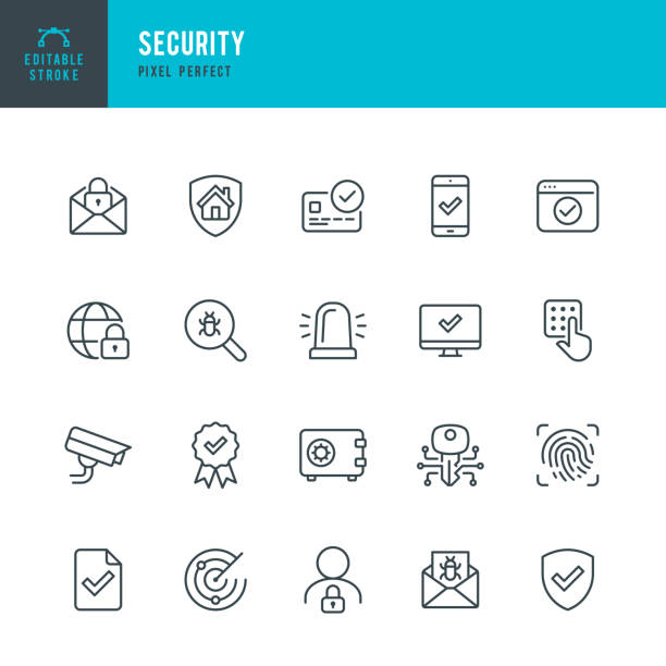 sicherheit - dünnlinien-vektor-symbol gesetzt. pixel perfekt. bearbeitbarer strich. das set enthält symbole: sicherheit, fingerabdruck, digitalschlüssel, alarm, spam, überwachungskamera, scannen, haussicherheit, internetsicherheit. - videoüberwachung stock-grafiken, -clipart, -cartoons und -symbole