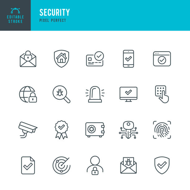 보안 - 가는 선 벡터 아이콘 세트입니다. 픽셀 완벽. 편집 가능한 스트로크입니다. 이 세트에는 보안, 지문, 디지털 키, 알람, 스팸, 보안 카메라, 스캔, 홈 시큐리티, 인터넷 보안 아이콘이 포함되 - password computer key key computer keyboard stock illustrations