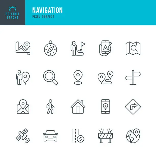 Vector illustration of Navigation - thin line vector icon set. Pixel perfect. Editable stroke. The set contains icons: GPS, Navigational Compass, Distance Marker, Car, Walking, Mobile Phone, Map, Road Sign.