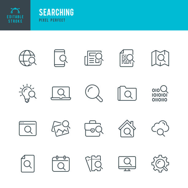 Searching - thin line vector icon set. Pixel perfect. Editable stroke. The set contains icons:  Magnifier, Big Data Analizing, Document Searching, Idea Search, Cloud Search, Internet Search. Searching - thin line vector icon set. 20 linear icon. Pixel perfect. Editable outline stroke. The set contains icons: Magnifier, Big Data Analysing, Document Searching, Idea Search, Cloud Search, Internet Search, Date Search. spotting stock illustrations