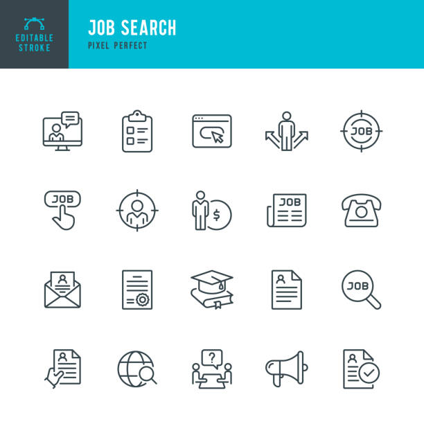 ilustrações de stock, clip art, desenhos animados e ícones de job search - thin line vector icon set. pixel perfect. editable stroke. the set contains icons: job search, job listing, job interview, diploma, education, application form, web page, resume, wages. - interview