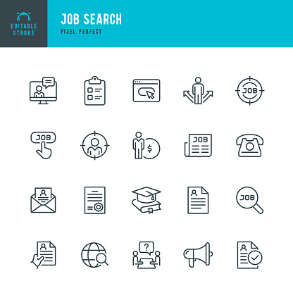 Job Search - thin line vector icon set. 20 linear icon. Pixel perfect. Editable outline stroke. The set contains icons: Job Search, Job Listing, Job Interview, Diploma, Education, Application Form, Web Page, Resume, Wages.