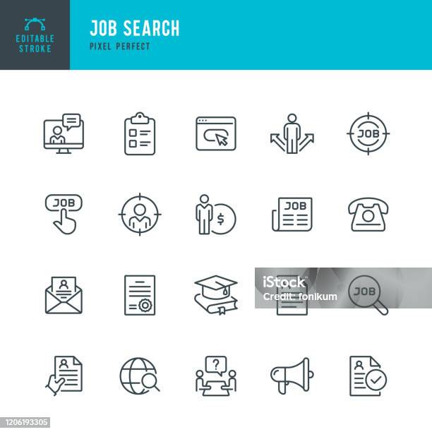 Job Search Thin Line Vector Icon Set Pixel Perfect Editable Stroke The Set Contains Icons Job Search Job Listing Job Interview Diploma Education Application Form Web Page Resume Wages Stock Illustration - Download Image Now