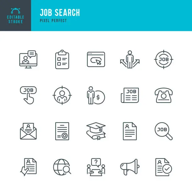 Vector illustration of Job Search - thin line vector icon set. Pixel perfect. Editable stroke. The set contains icons: Job Search, Job Listing, Job Interview, Diploma, Education, Application Form, Web Page, Resume, Wages.