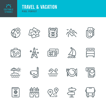 Travel - thin line vector icon set. 20 linear icon. Pixel perfect. Editable outline stroke. The set contains icons: Tourism, Travel, Vacations, Beach, Mountains, Eiffel Tower, Luggage, Castle, ATM, Passport, Navigation, Mountain, Hiking, Diving, Airplane Ticket, Bus.