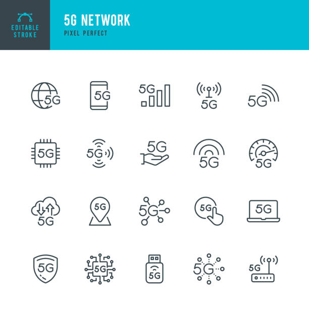 5g-netzwerk - dünnlinien-vektor-symbol-set. pixel perfekt. bearbeitbarer strich. das set enthält symbole: 5g-technologie, computer-chip, laptop, anschluss 5g, handy, 5g-netzwerk, 5g-antenne. - modem stock-grafiken, -clipart, -cartoons und -symbole