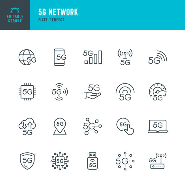 illustrations, cliparts, dessins animés et icônes de r�éseau 5g - ensemble d’icônes vectorielles à ligne mince. pixel parfait. accident vasculaire cérébral modifiable. l’ensemble contient des icônes : technologie 5g, puce informatique, ordinateur portable, connexion 5g, téléphone mobile, réseau 5 - modem wireless technology router computer network