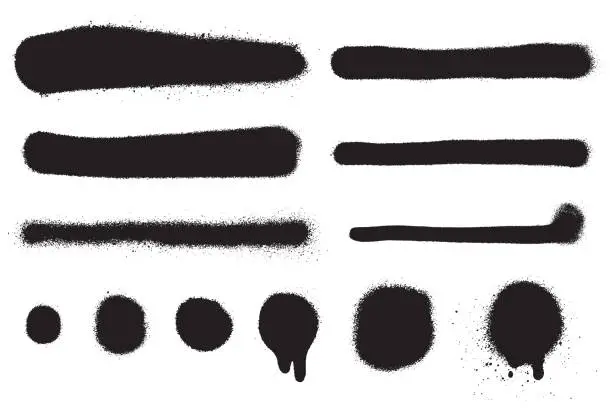 Vector illustration of Vector spray paint splatter set isolated on white background. Aerosol paint strokes and spots in black color. Grunge texture effect. Graffiti brush collection. Element for your design.