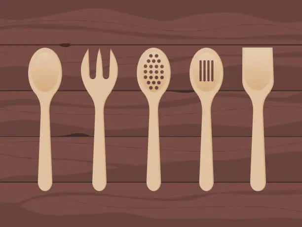 Vector illustration of Wooden spoons on wood texture background. Kitchen utensils made of wood. Mixing spoon, spatula, fork, strainer. Kitchen tools set.