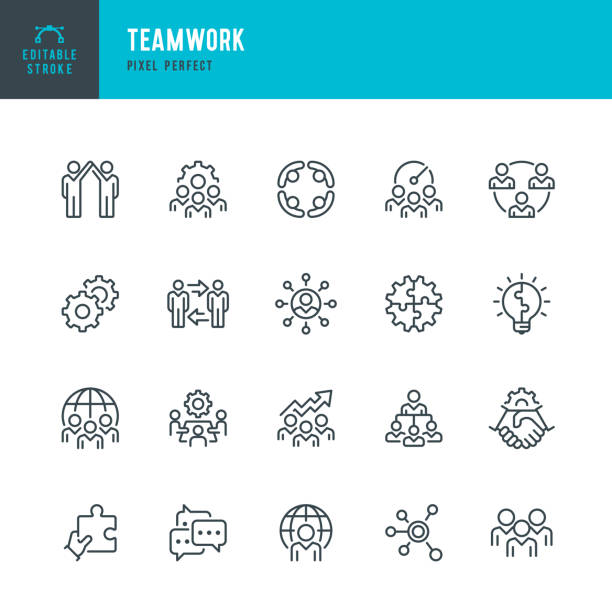 Kerja tim - set ikon vektor garis tipis. 20 ikon linear. Pixel sempurna. Stroke yang dapat diedit. Set ini berisi ikon: Teamwork, Partnership, Cooperation, Group Of People, Corporate Business, Brainstorming, Community, Employee, Idea.