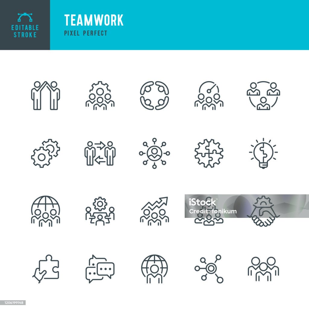 Teamwork - thin line vector icon set. Pixel perfect. Editable stroke. The set contains icons: Teamwork, Partnership, Cooperation, Group Of People, Corporate Business, Community, Brainstorming, Employee, Idea. Teamwork - thin line vector icon set. 20 linear icon. Pixel perfect. Editable stroke. The set contains icons: Teamwork, Partnership, Cooperation, Group Of People, Corporate Business, Brainstorming, Community, Employee, Idea. Icon stock vector