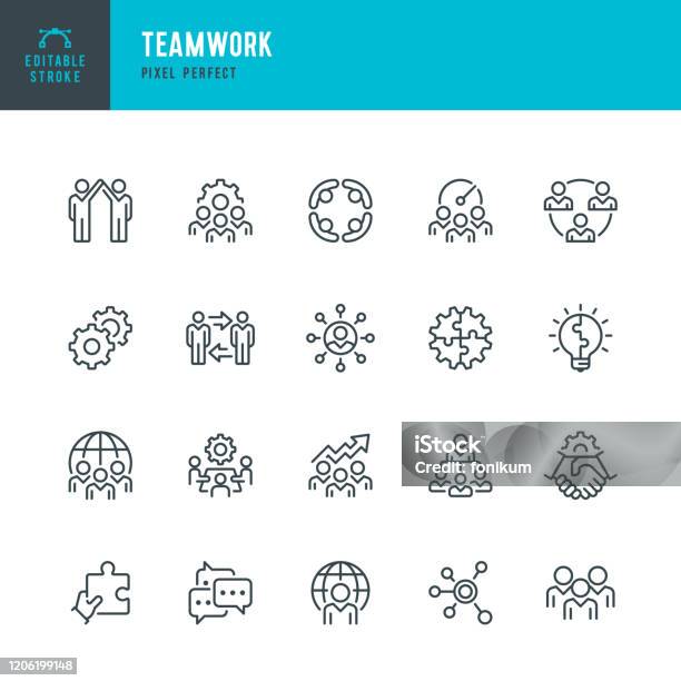 Teamwork Thin Line Vector Icon Set Pixel Perfect Editable Stroke The Set Contains Icons Teamwork Partnership Cooperation Group Of People Corporate Business Community Brainstorming Employee Idea Stock Illustration - Download Image Now