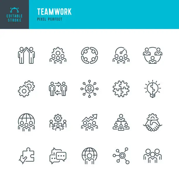 Vector illustration of Teamwork - thin line vector icon set. Pixel perfect. Editable stroke. The set contains icons: Teamwork, Partnership, Cooperation, Group Of People, Corporate Business, Community, Brainstorming, Employee, Idea.