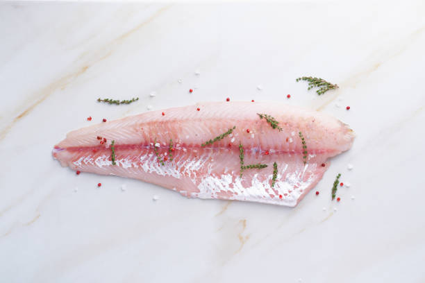 fresh raw pike perch fish fillet on marble dark brown table. top view, close up - food dinner prepared fish gourmet imagens e fotografias de stock