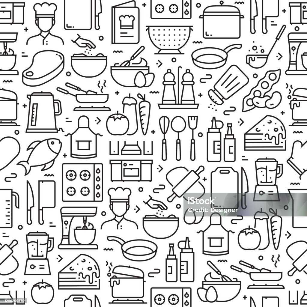 Cooking Related Seamless Pattern and Background with Line Icons Cooking stock vector