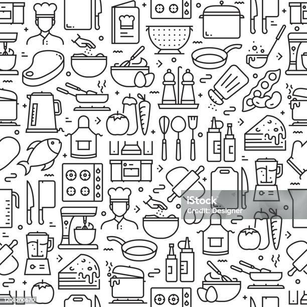 Cooking Related Seamless Pattern And Background With Line Icons Stock Illustration - Download Image Now