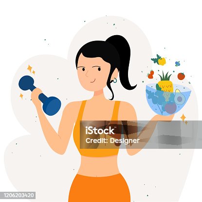istock Healthy Woman with Vegetables and Dumbbells Promoting a Healthy Lifestyle 1206203420