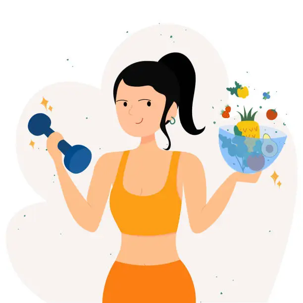 Vector illustration of Healthy Woman with Vegetables and Dumbbells Promoting a Healthy Lifestyle