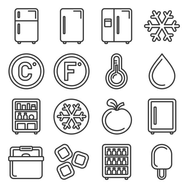 illustrazioni stock, clip art, cartoni animati e icone di tendenza di icone del frigorifero impostate su sfondo bianco. vettore stile linea - frigorifero