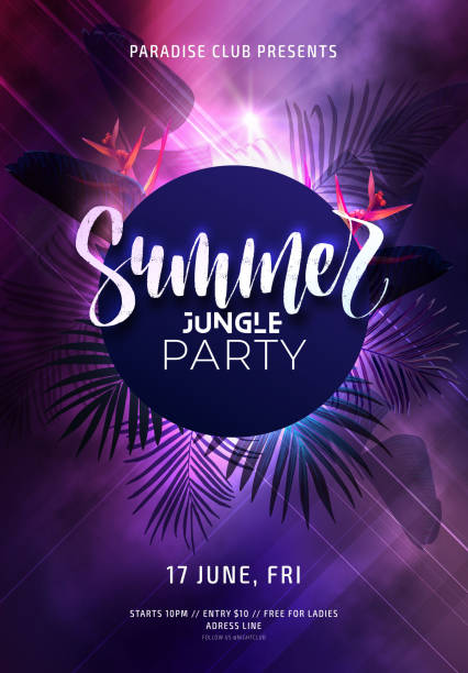 Dark purple neon tropical summer party flyer with banana palm leaves and jungle flowers. Modern blurs and gradients. Electric glow background with copy space. Vector illustration. Dark purple neon tropical summer party flyer with banana palm leaves and jungle flowers. Modern gradients. Electric glow background with copy space. Vector illustration. tropical music stock illustrations