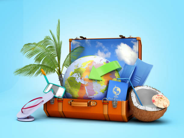 istock modern summer travel concept suitcase with a globe inside near accessories for summer holidays 3d render on blue gradient 1206205002
