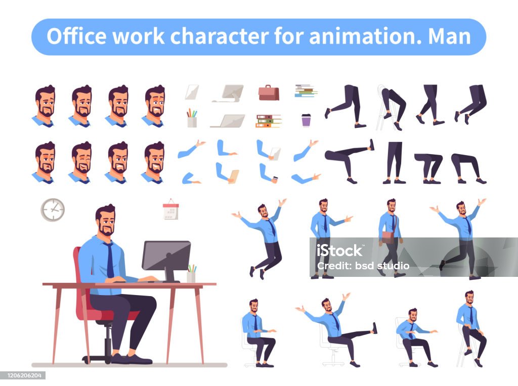 Businessman Front View Animated Flat Vector Character Design Office Worker  Character Animation Creation Cartoon Set Manager Constructor With Various  Face Emotion Body Poses Hand Gestures Legs Kit Stock Illustration -  Download Image