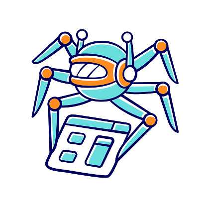 Crawler color icon. Spiderbot. Search engine optimization. Automatic indexer. Content monitoring. Artificial intelligence. Web indexing. Robot software. Isolated vector illustration