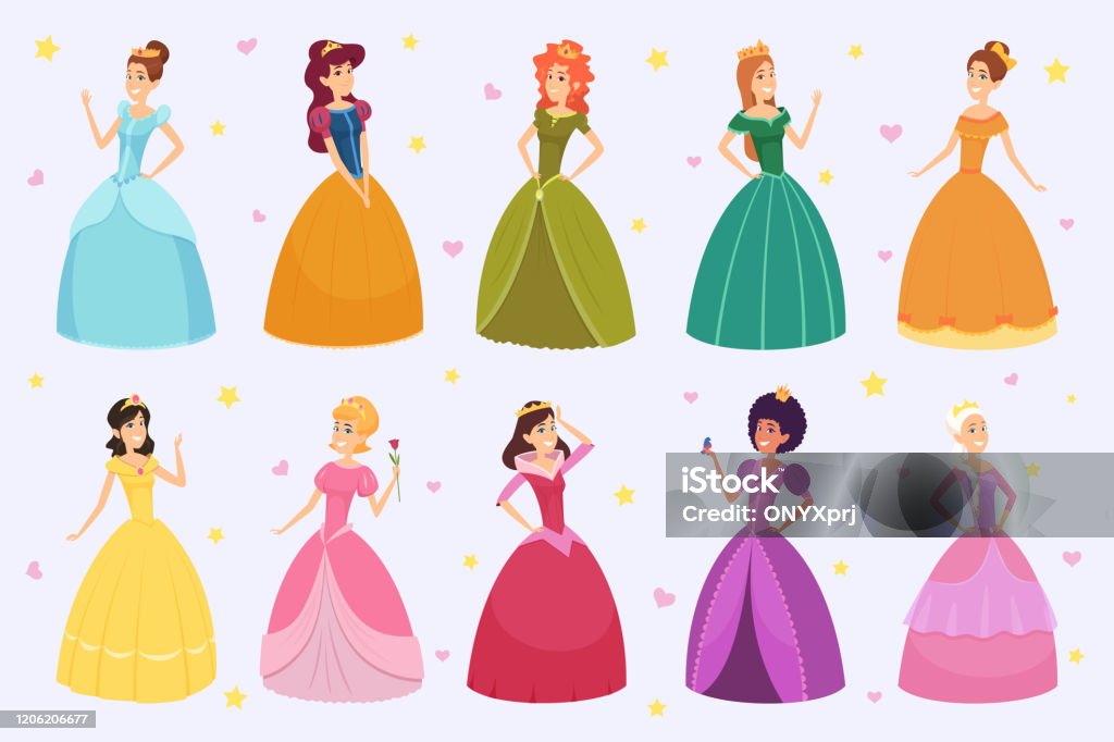 Elegant Fairytale Woman Cartoon Young Beautiful Princess Fantasy Fashioned  Childrens In Colored Costumes And Dresses Vector Stock Illustration -  Download Image Now - iStock