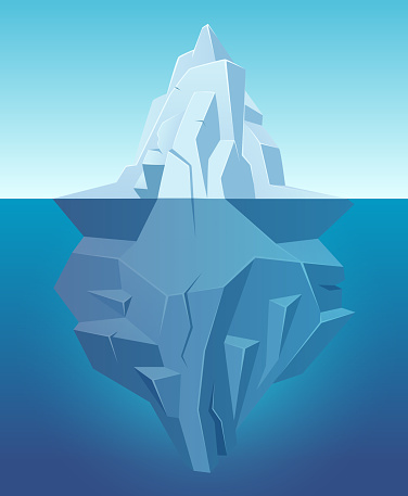 Iceberg in ocean. Big ice white rock in water polar landscape in cartoon style vector outdoor nature. Iceberg underwater, undersea and underside arctic illustration
