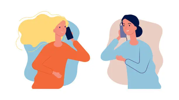 Vector illustration of Phone talk. Women girlfriends have conversation. Call center help, girl need to talk. Mother and daughter cellphone dialog, parent care vector illustration
