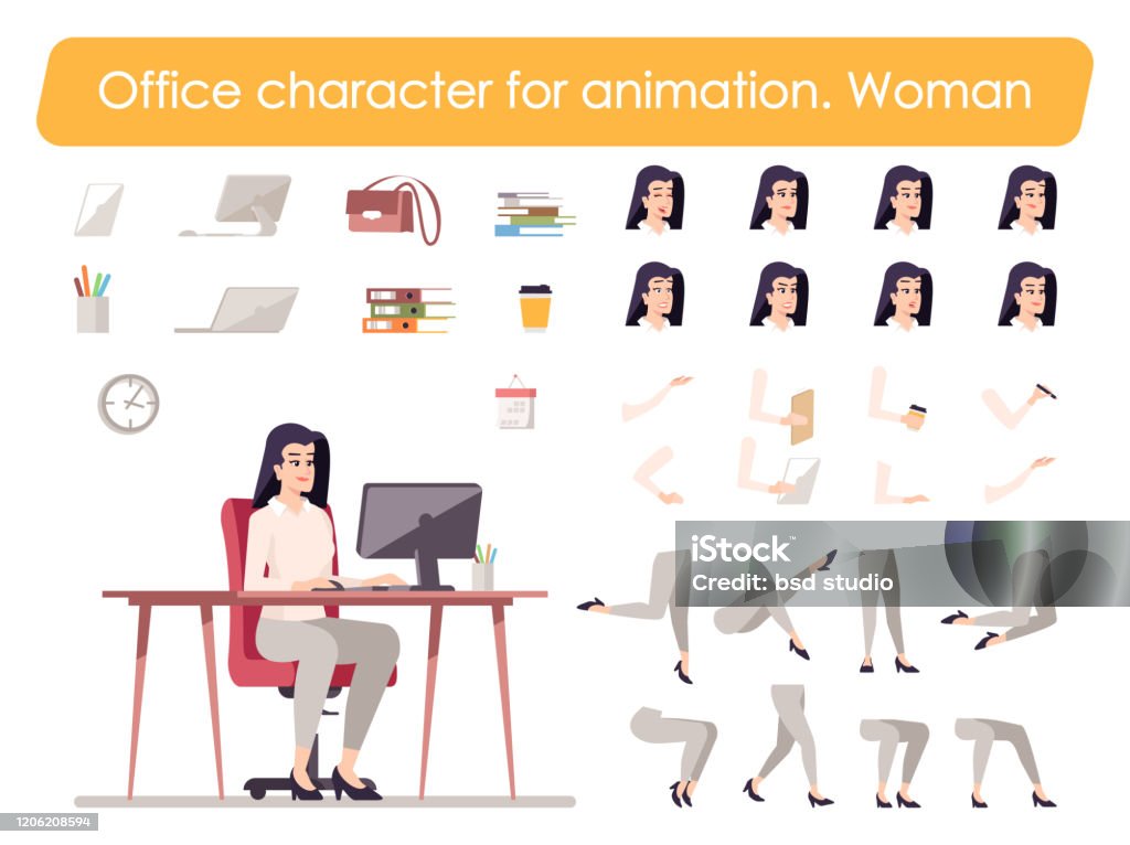 Business Woman Front View Animated Flat Vector Character Design Office Manager Employee Character Animation Creation Cartoon Set Secretary Constructor With Various Face Emotion Gestures Legs Kit Stock Illustration - Download Image Now - Business Woman Front View Animated Flat Vector Character Design Office Manager Employee Character Animation Creation Cartoon Set Secretary Constructor With Various Face Emotion Gestures Legs Kit Stock Illustration - Download Image Now -