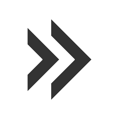 Double arrow glyph icon. Rewinding button. Navigation pointer, indicator. Next, forward arrow pointing rightward. Indicating cursor. Silhouette symbol. Negative space. Vector isolated illustration