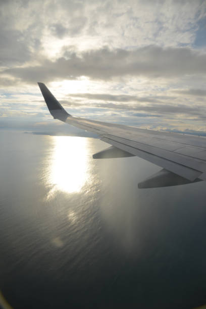 istock Aeroplane wing looking silver as it flis into the sunrise over the ocean. 1206208963