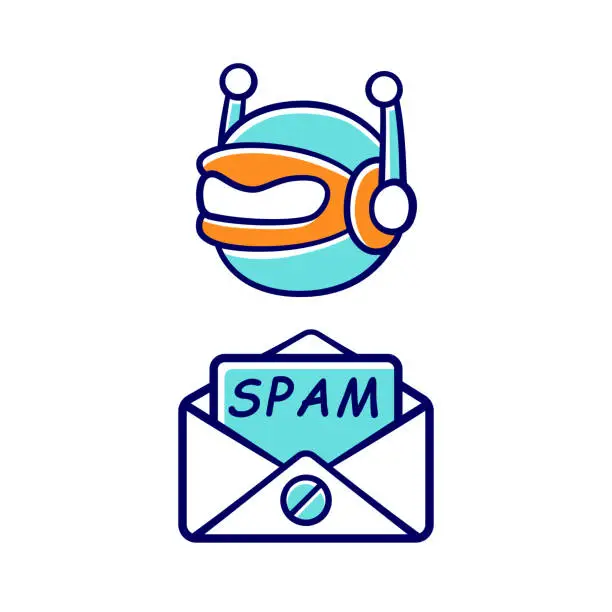 Vector illustration of Spambot color icon. Virus advertisements, links. Spam bot. Malicious phishing sites. E-mail adresse collecting. Spam advertising software sending. Internet spammer. Isolated vector illustration