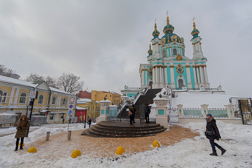 Kiev, Ukraine - February 25, 2018: Andrew's Church after a massive snowfall