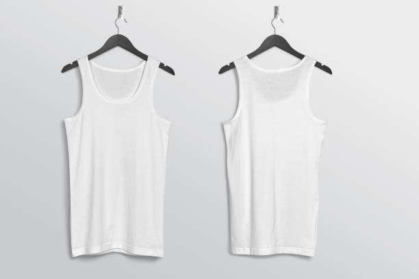istock Front and rear view of plain white tank top shirt hanging on wall 1206210999