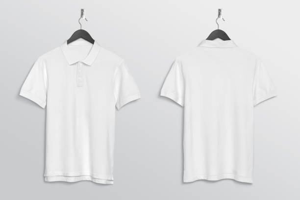istock Front and rear view of plain white polo t-shirt hanging on wall 1206211038